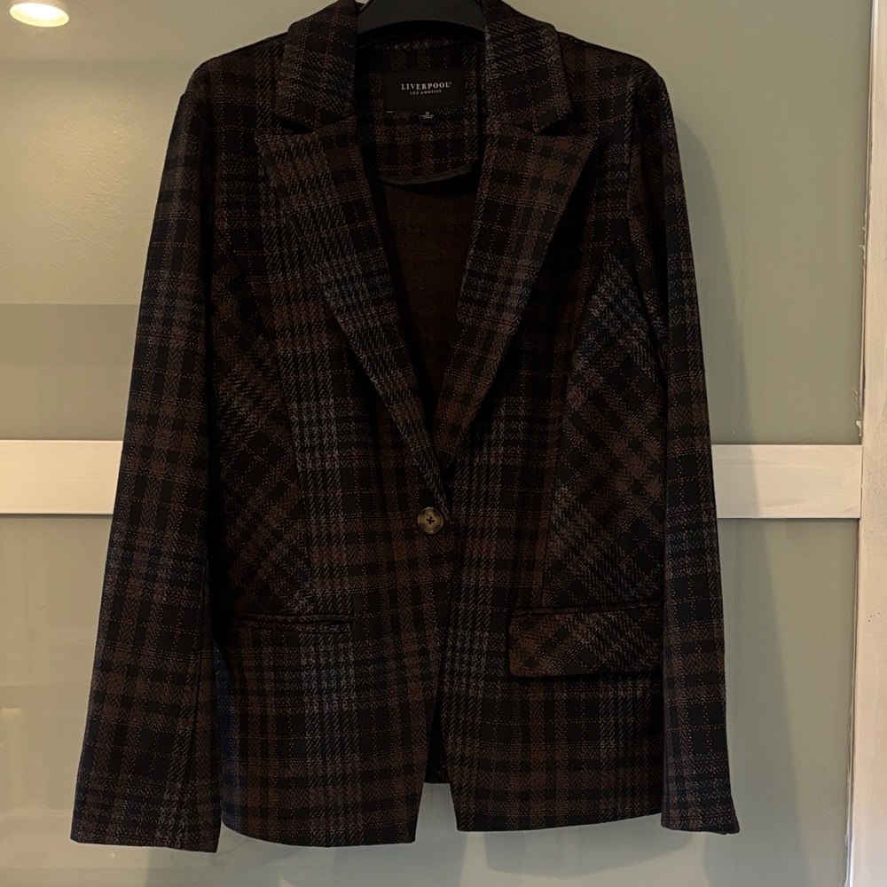 Liverpool Dark Brown Plaid Single-Button Blazer